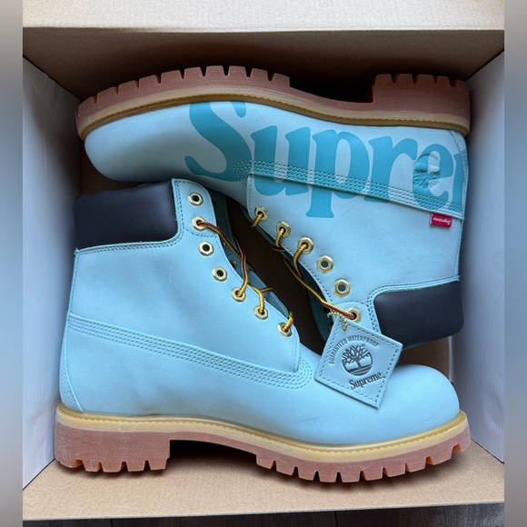 NEW 6M Supreme X Timberland Premium Turquoise ICE BLUE Waterproof Nubuck Boots - Picture 2 of 13